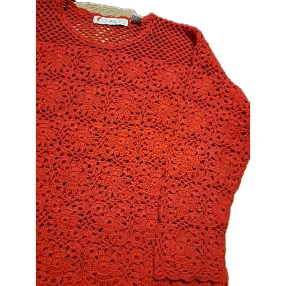 VTG Chaus Woman Crochet Sweater M L Red Open Knit Dolman Sleeves Cottagecore - Picture 2 of 7